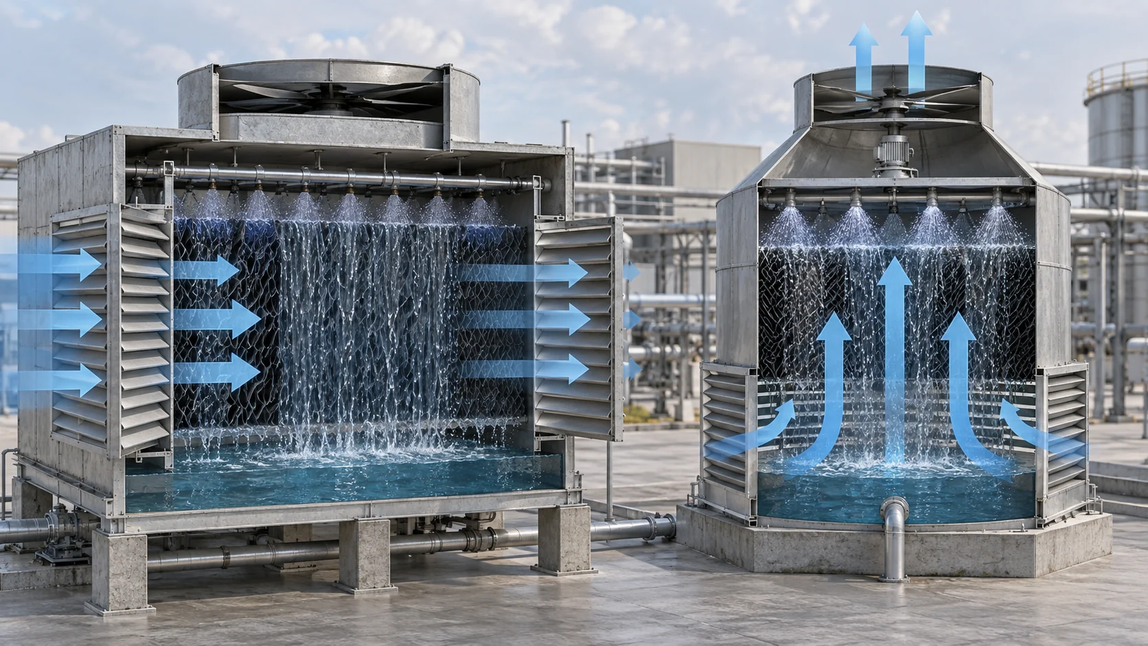 Crossflow versus counterflow cooling tower Cutaway comparison of crossflow and counterflow cooling tower airflow and falling-water paths