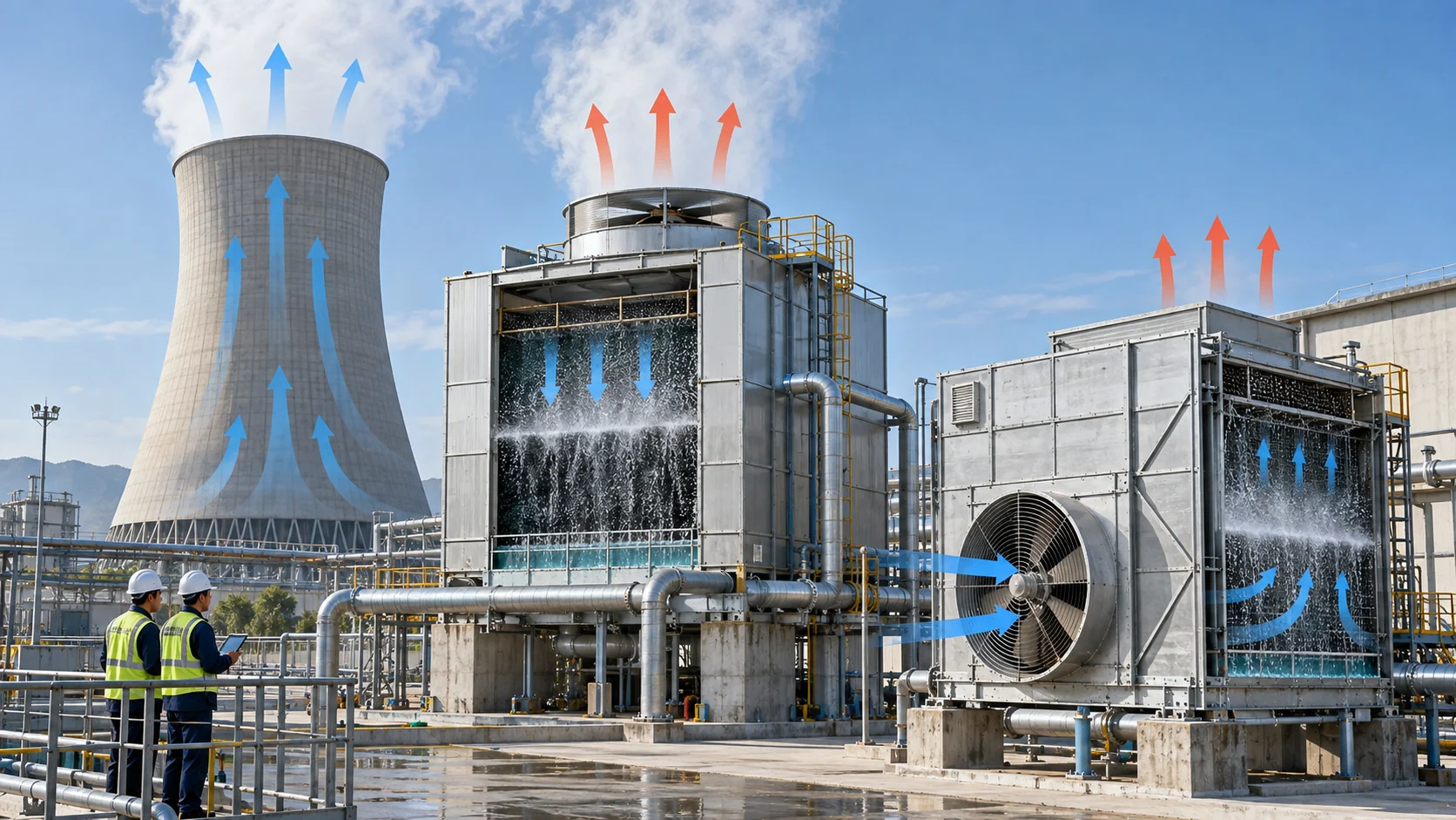 Natural induced and forced draft cooling towers Industrial scene showing natural-draft, induced-draft and forced-draft tower arrangements with visible airflow cues