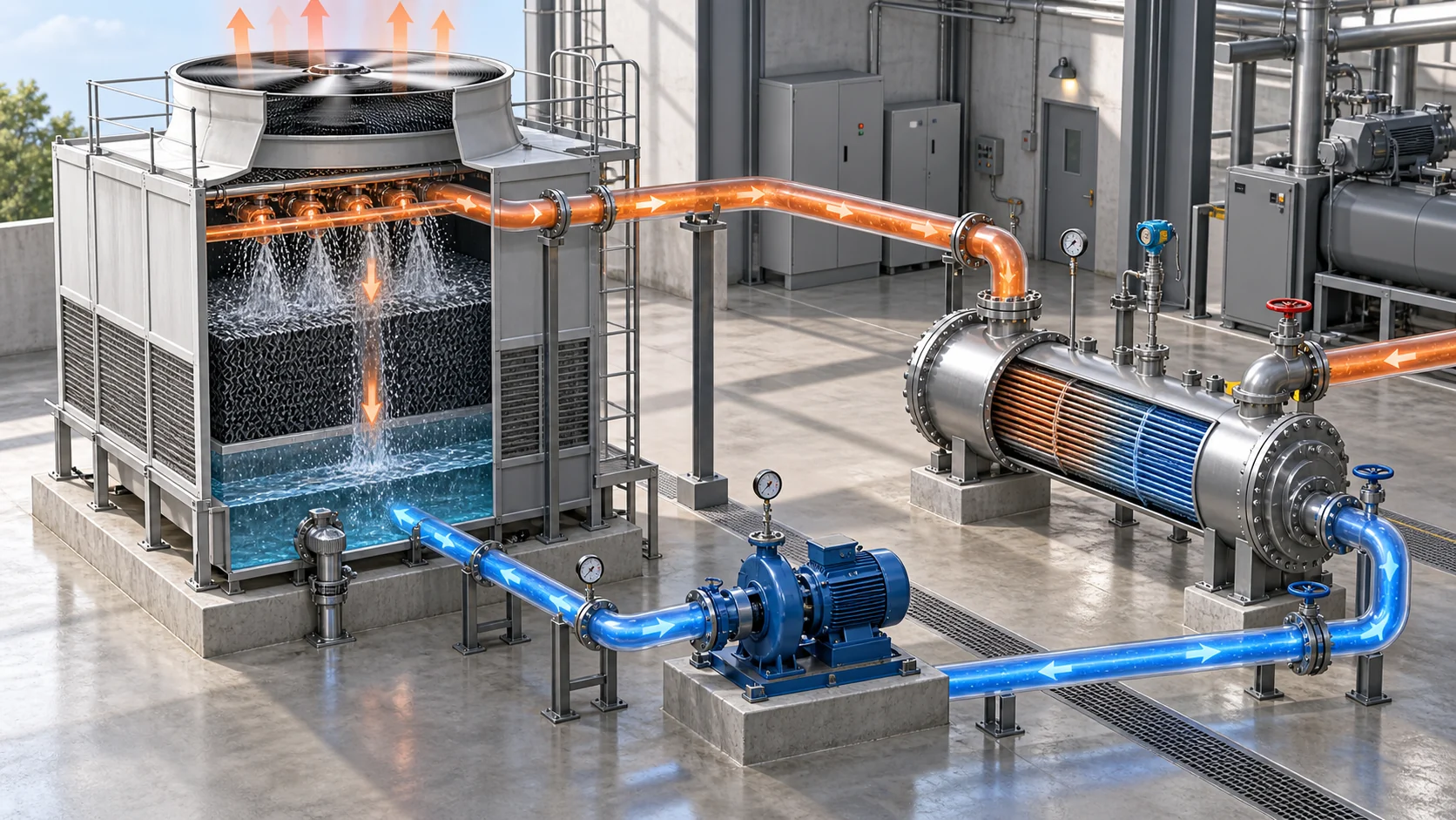 Cooling tower heat-rejection water loop Isometric heat-rejection loop with cooling tower, heat exchanger, circulation pump, hot return and cooled supply pipes