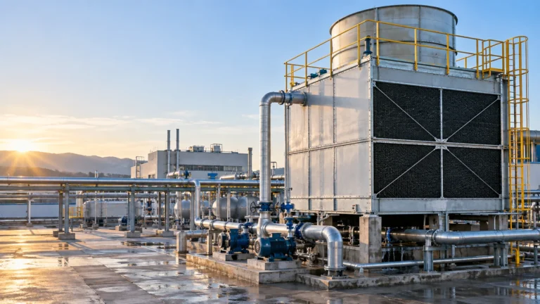 Factory-assembled mechanical-draft cooling tower on an industrial rooftop with fan stack, basin and process piping