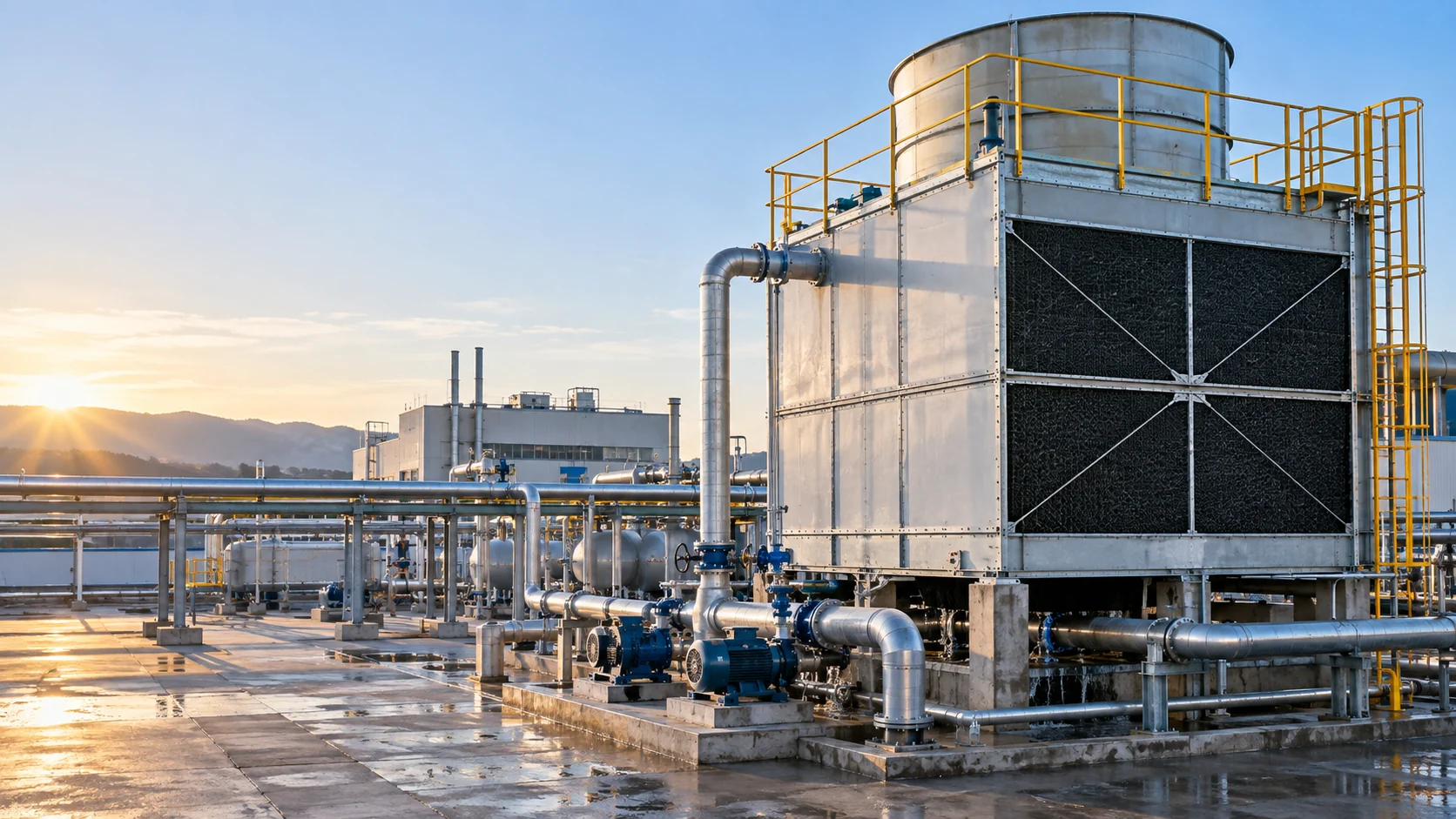 Industrial cooling tower selection guide hero Factory-assembled mechanical-draft cooling tower on an industrial rooftop with fan stack, basin and process piping