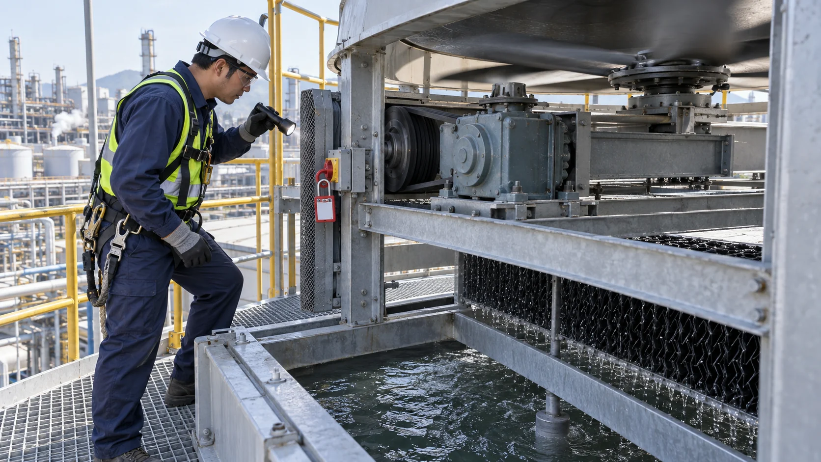 Cooling tower maintenance inspection Asian maintenance technician in PPE inspecting cooling tower fan deck, fill, drift eliminators and basin with lockout tagout