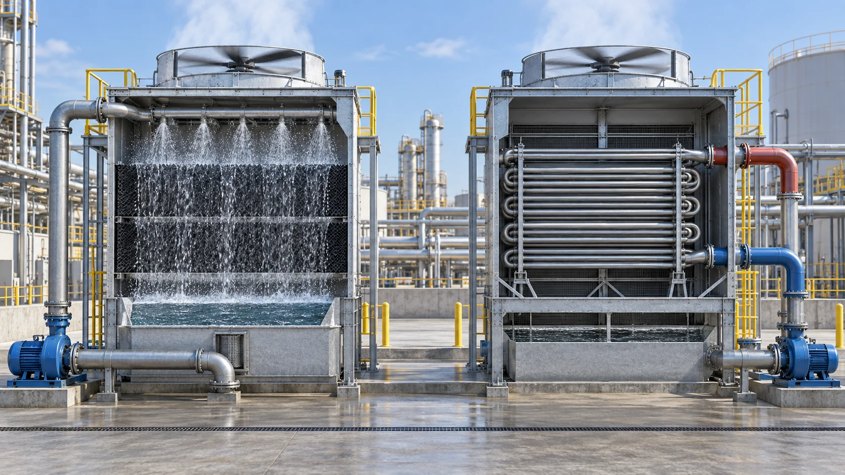 Open-circuit versus closed-circuit cooling tower Side-by-side visual comparison of open-circuit cooling tower water path and closed-circuit fluid cooler coil loop