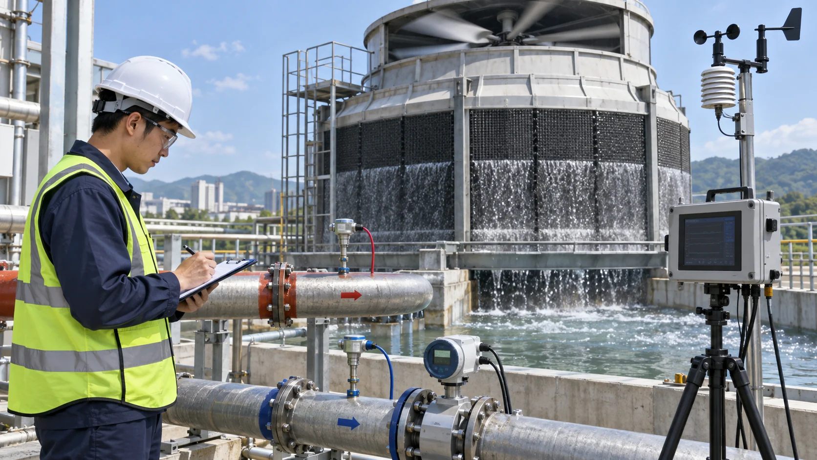 Cooling tower performance acceptance test Asian test engineer measuring hot and cold water temperatures, flow and weather data beside a running cooling tower