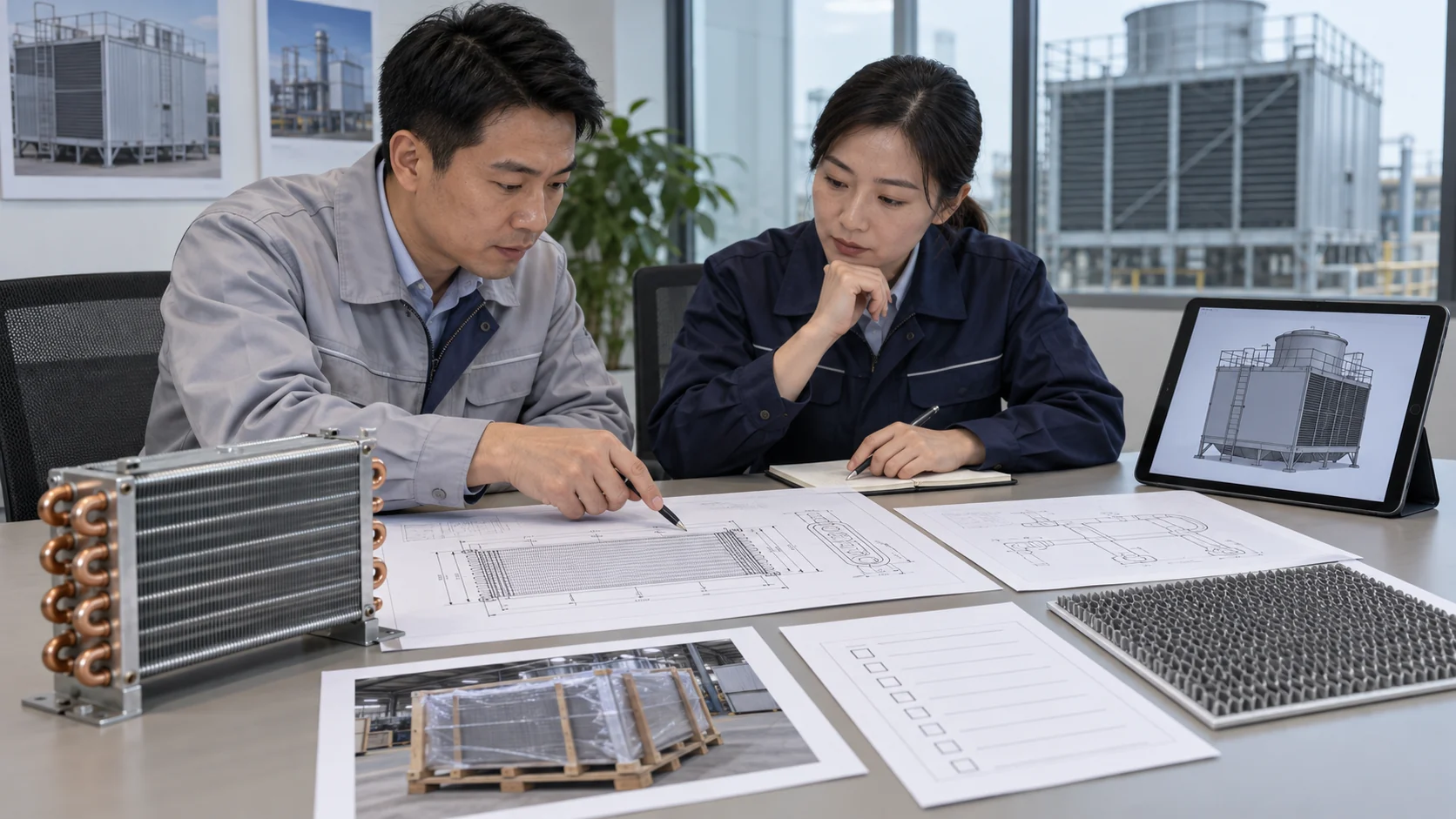 Cooling tower RFQ and quality review Asian procurement and manufacturing engineers reviewing cooling tower RFQ, coil drawing, material sample and inspection checklist