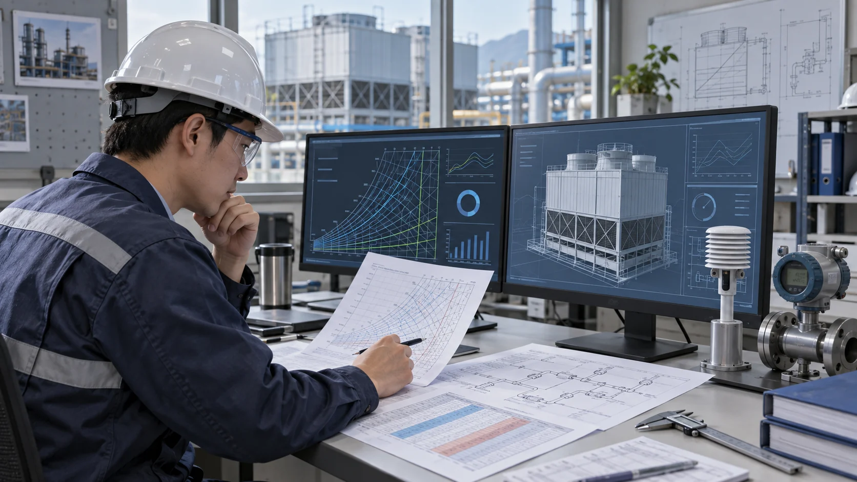 Cooling tower sizing engineering review Asian HVAC engineer reviewing cooling-duty, wet-bulb and water-flow data beside a 3D tower model and coil drawing