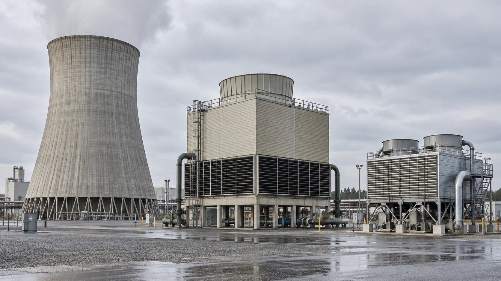 Industrial cooling tower types comparison Three distinct industrial cooling tower configurations: natural-draft hyperbolic, induced-draft counterflow and forced-draft fan inlet