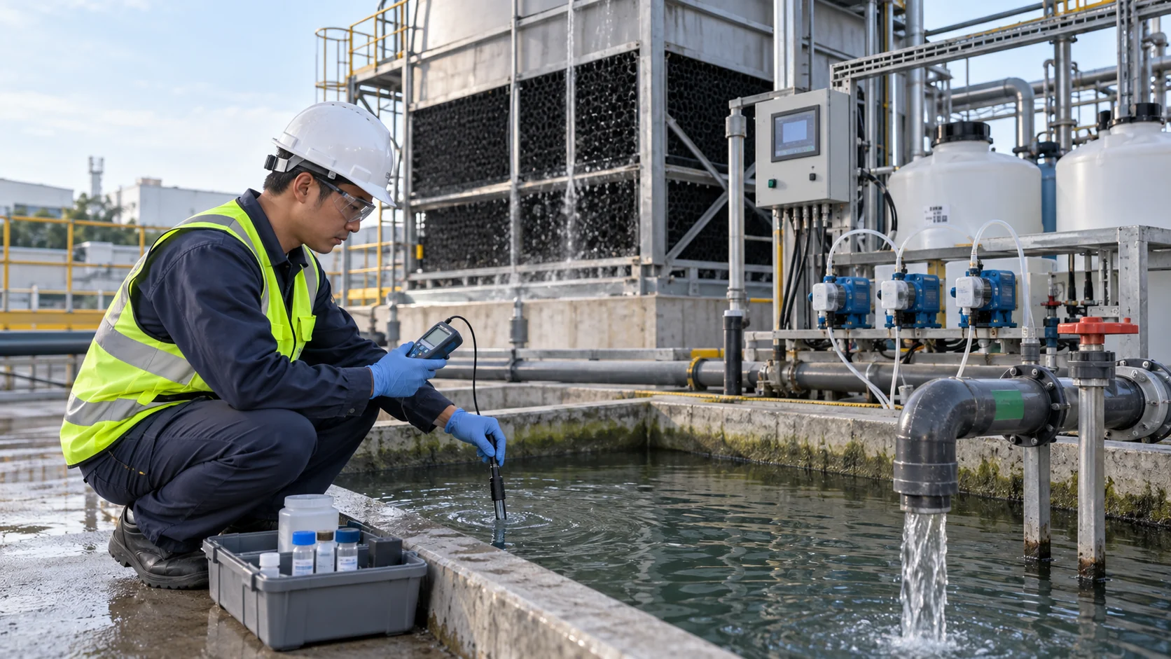 Cooling tower water treatment inspection Asian water-treatment technician sampling cooling tower basin with handheld meter, dosing pumps, conductivity controller and blowdown