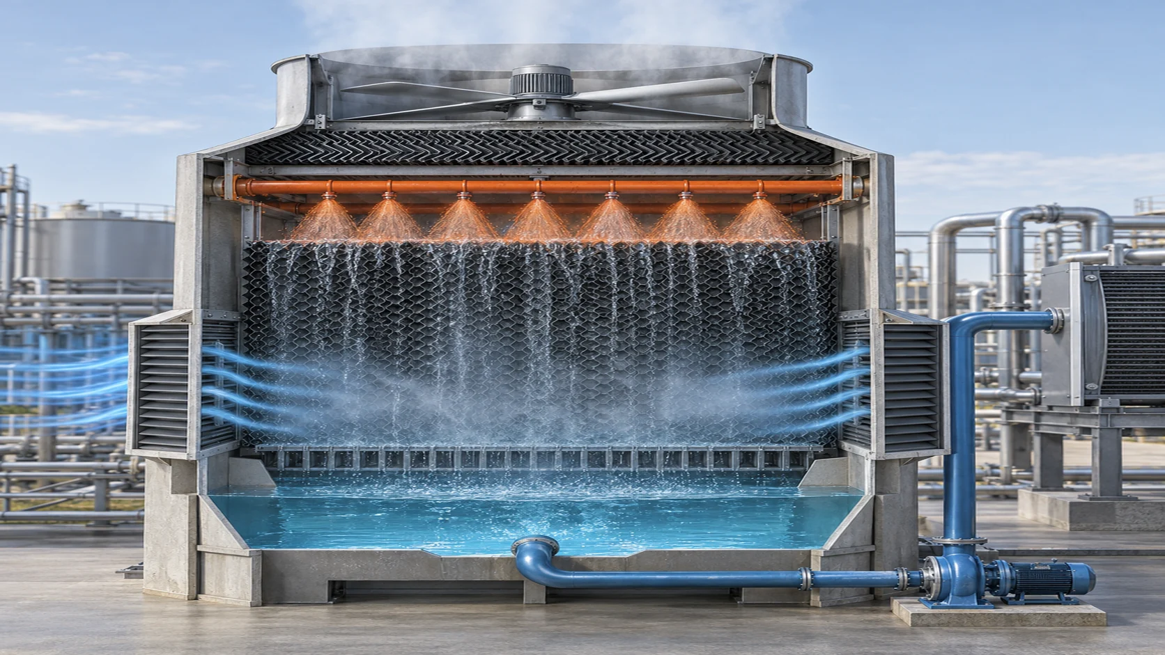 Cooling tower working principle and heat-rejection path Technical cutaway showing warm water falling through fill, airflow, evaporation, drift eliminators, basin and recirculation pump