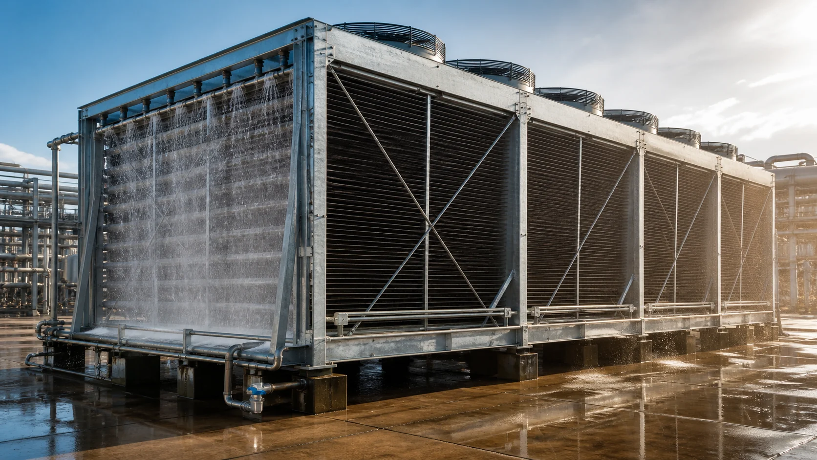 Adiabatic dry cooler with a separate fine-mist pre-cooling section upstream of the dry coil