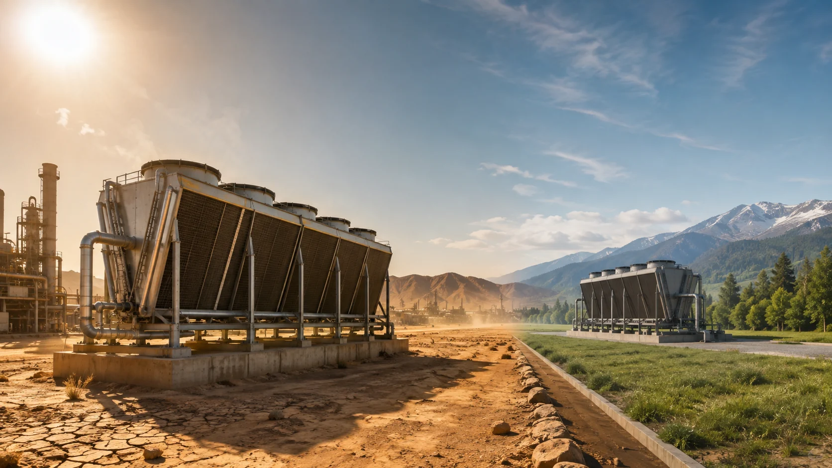 Dry cooler operating in hot dry conditions compared with a temperate industrial setting