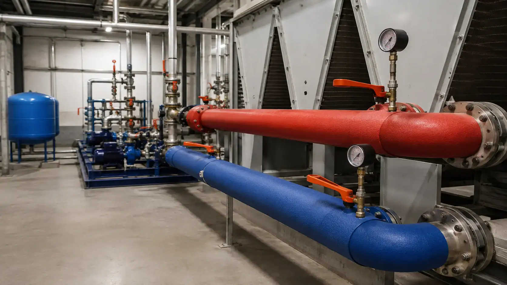 Industrial refrigeration pipes with gauges in a commercial setting.