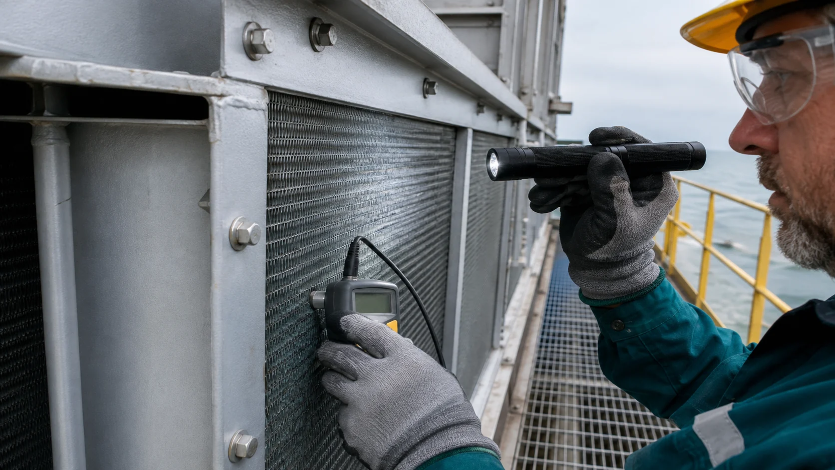 Technician inspecting fin condition and corrosion protection on a dry cooler coil