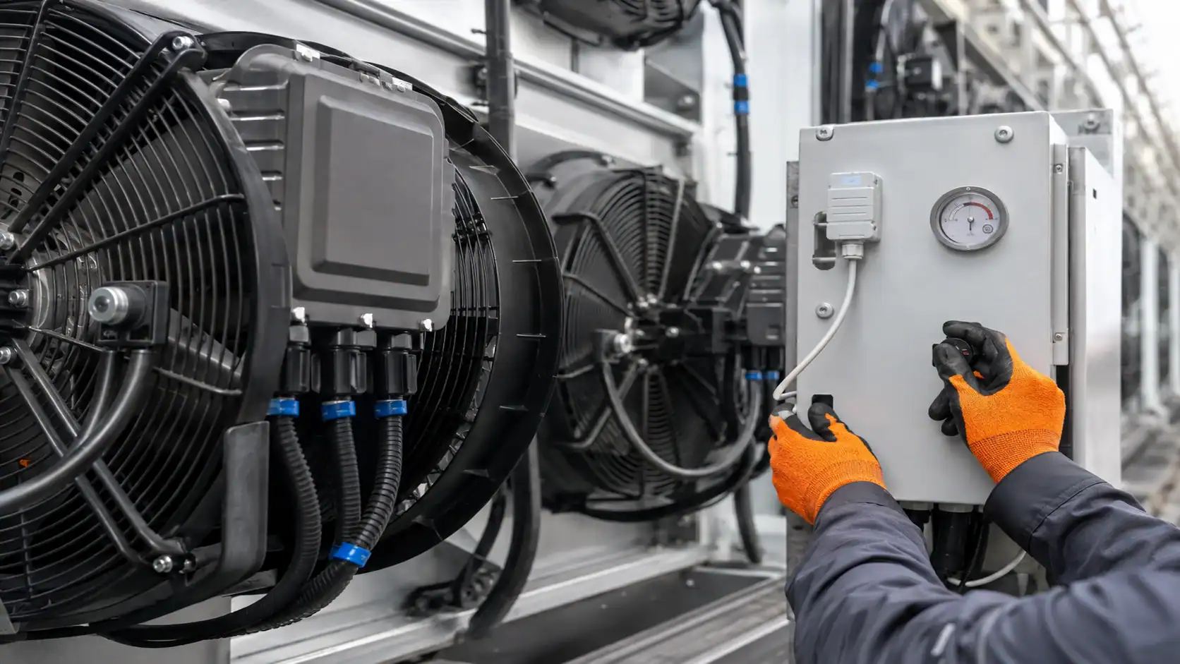 Technician inspecting industrial refrigeration equipment with control panel.
