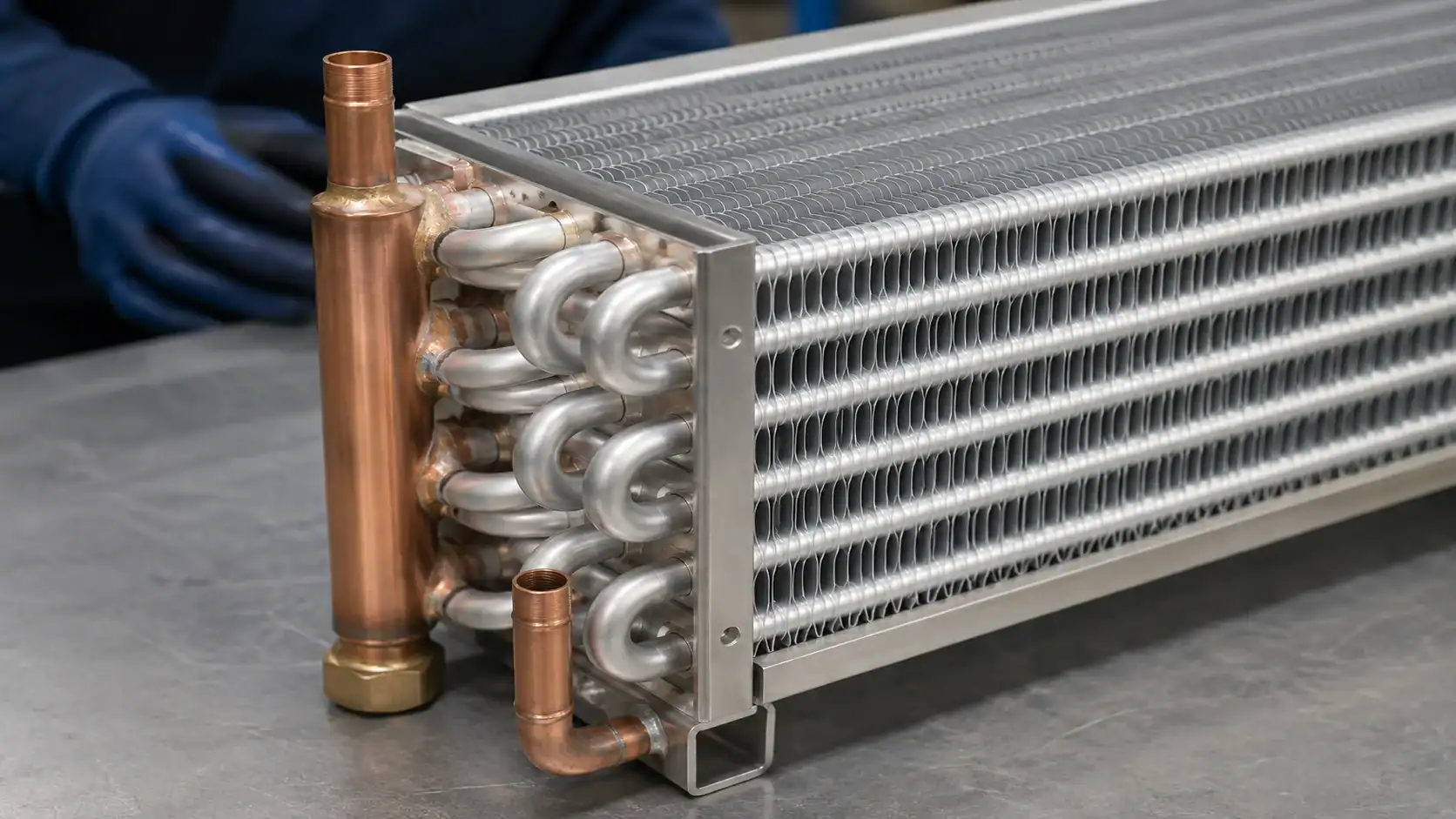Industrial refrigeration condenser with copper pipes and aluminum fins.