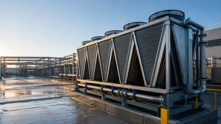Industrial cooling system with large heat exchangers at Domi Refrigeration.