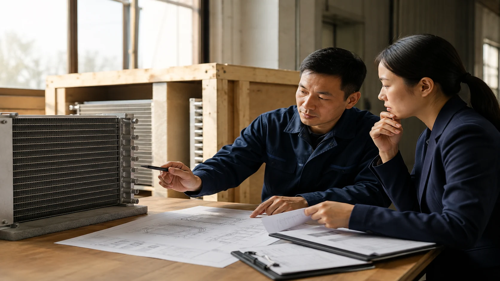 OEM procurement discussion around a custom dry cooler coil sample, drawing and export crate