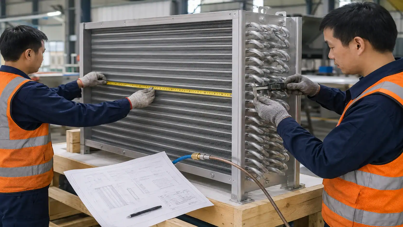 Technicians inspecting industrial refrigeration unit with measuring tape and tools.
