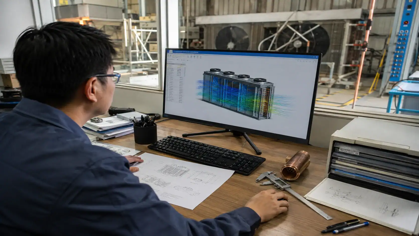 Engineer analyzing refrigeration system design on computer screen.