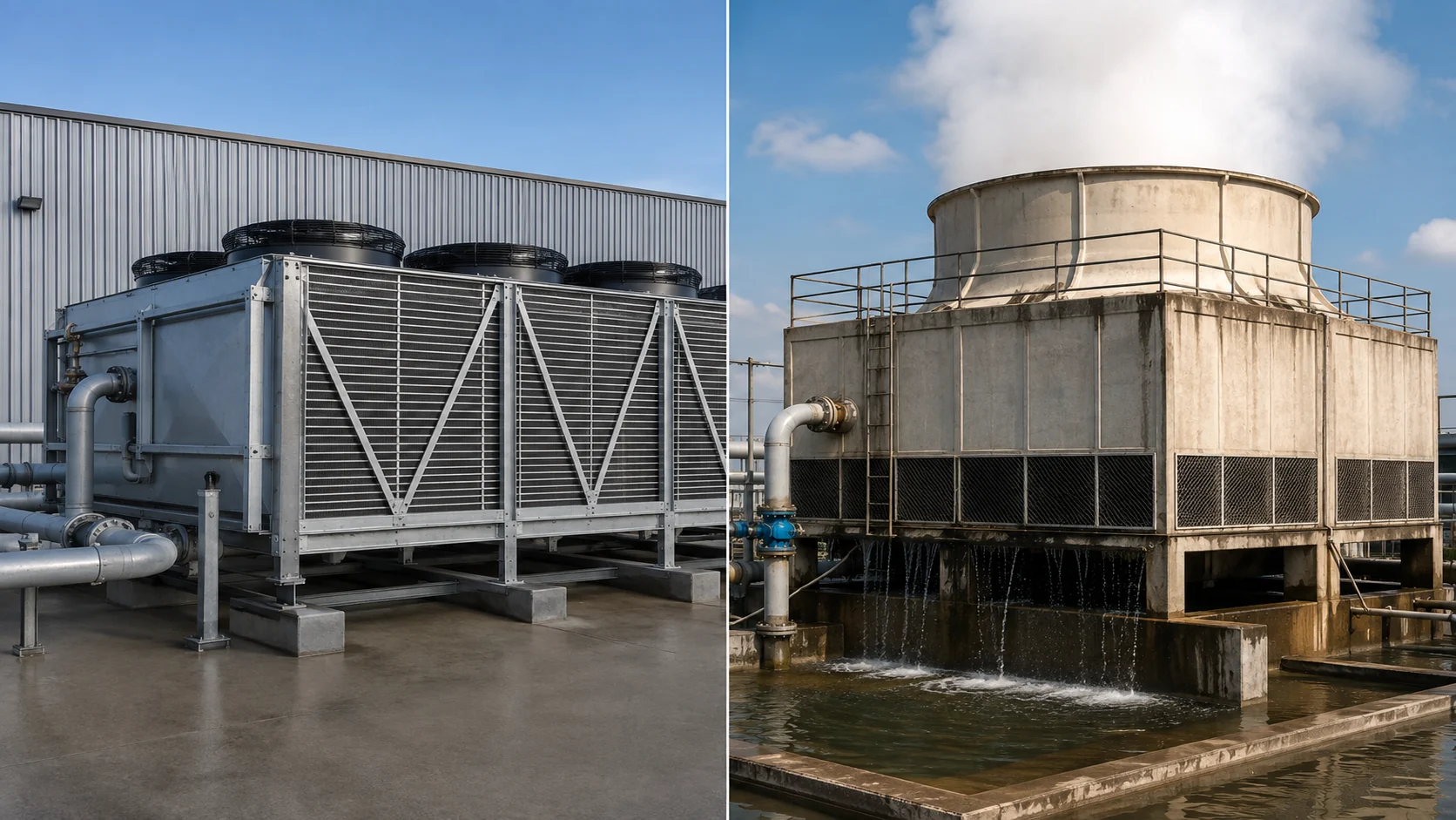Split comparison of a closed-loop dry cooler and an evaporative cooling tower