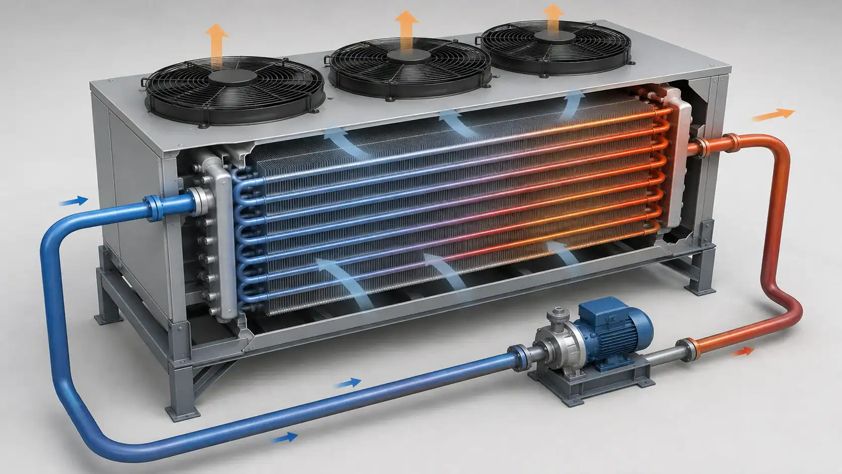 Industrial refrigeration unit with cooling coils and fans for commercial use.