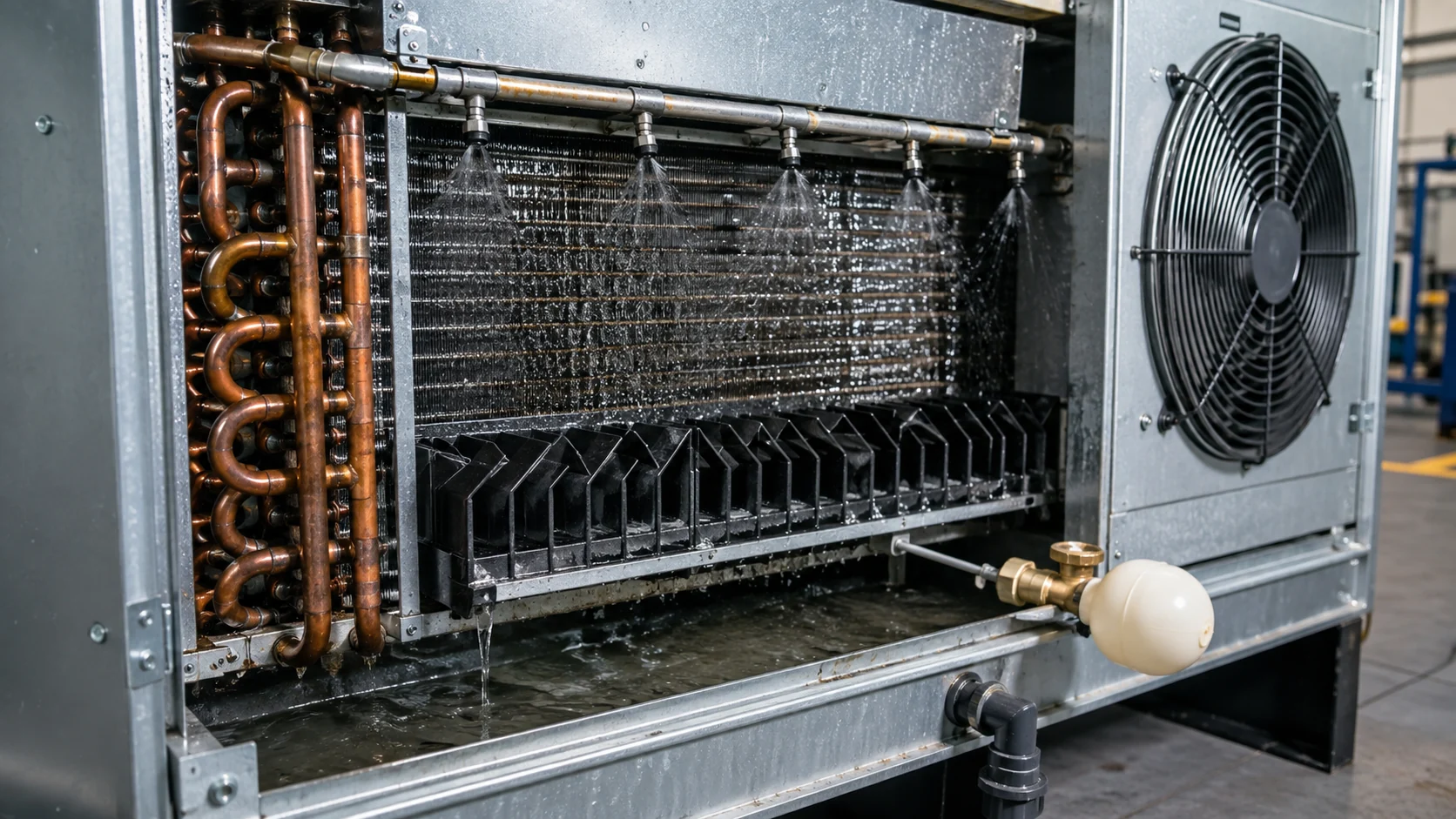 Evaporative condenser components and service access Service-open evaporative condenser showing coil tubes, spray nozzles, drift eliminator, fan guard, basin, float valve and drain