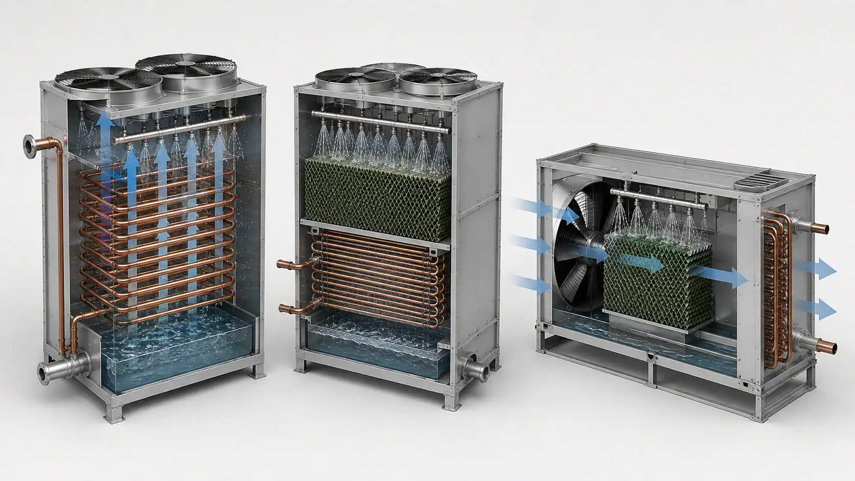 Evaporative condenser configuration comparison Three industrial refrigeration units with cooling coils and fans for commercial cooling solutions.