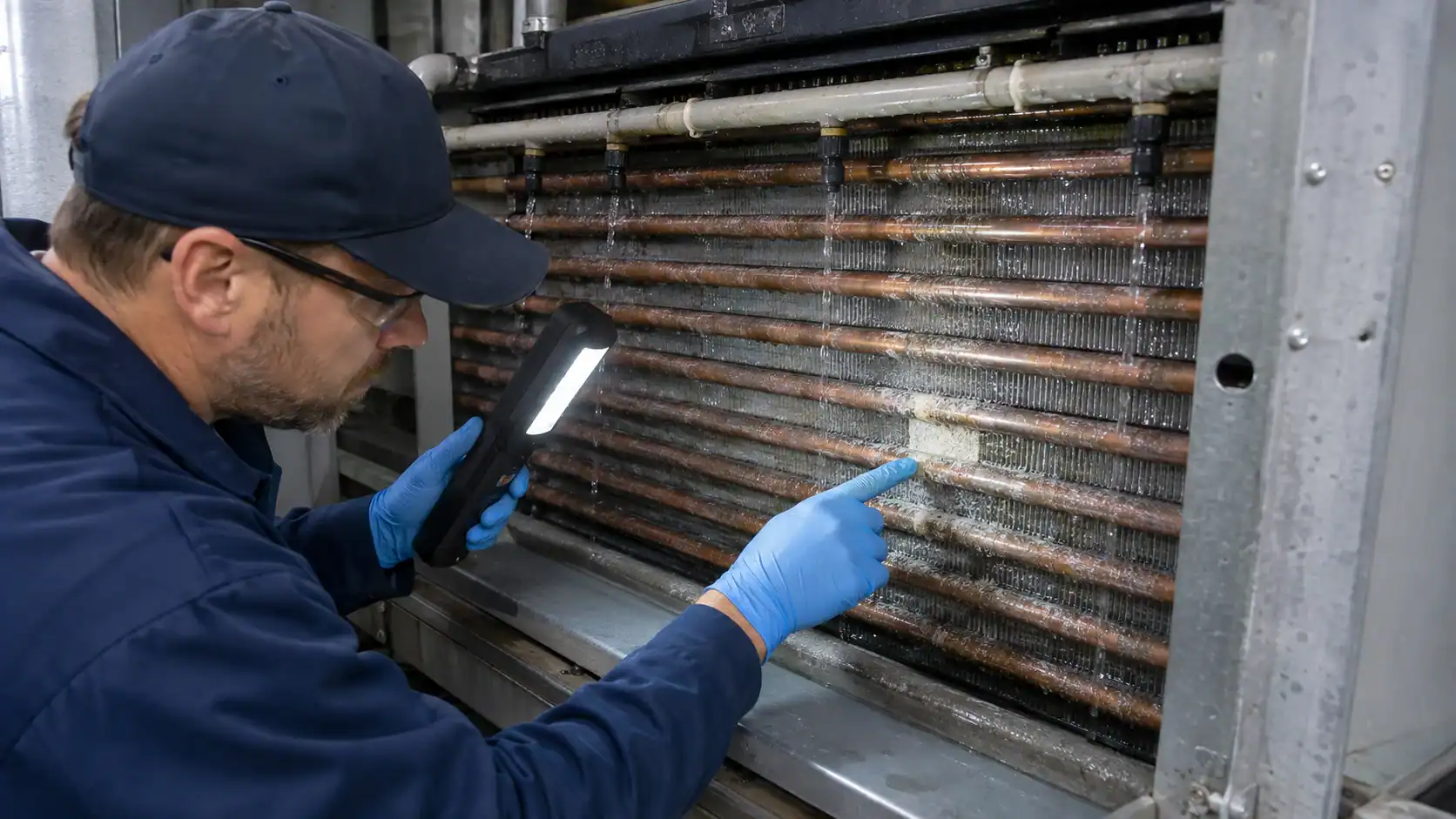 Evaporative condenser scale and corrosion inspection Technician inspecting industrial refrigeration coil with flashlight and gloves.