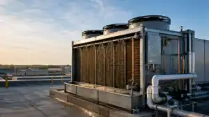 Large industrial cooling unit on rooftop for HVAC system.