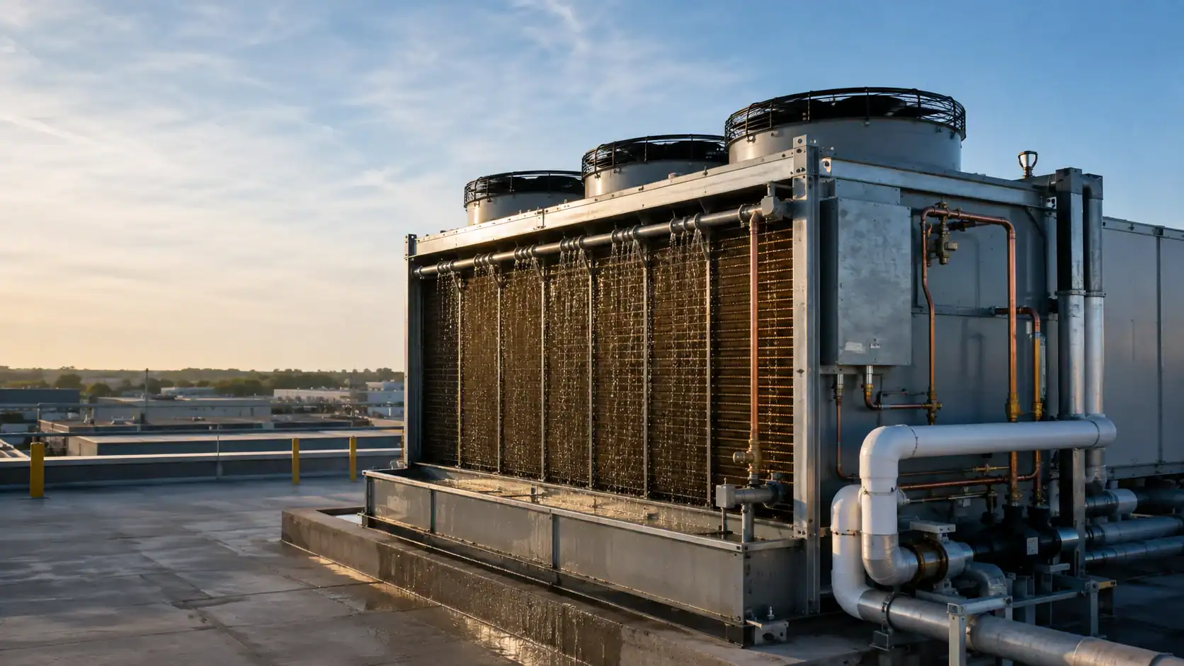 Industrial evaporative condenser for refrigeration heat rejection Large industrial cooling unit on rooftop for HVAC system.