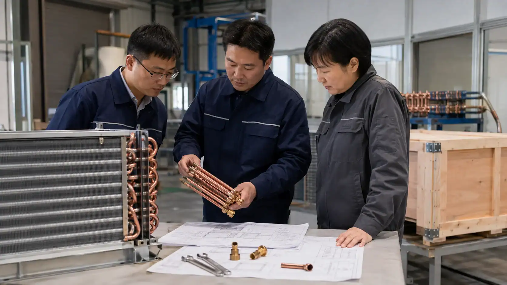 Custom evaporative condenser coil quote discussion Team of engineers inspecting refrigeration components in workshop.