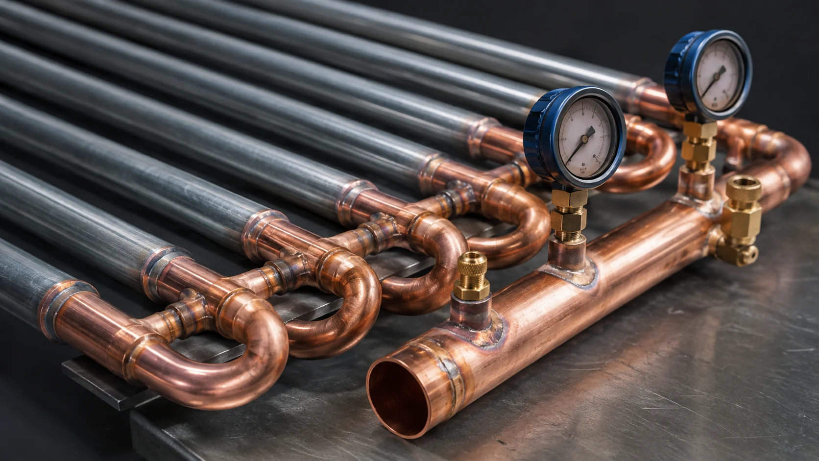 Evaporative condenser refrigerant coil and headers Macro view of bare steel and copper evaporative condenser tubes, brazed headers and pressure-test fittings