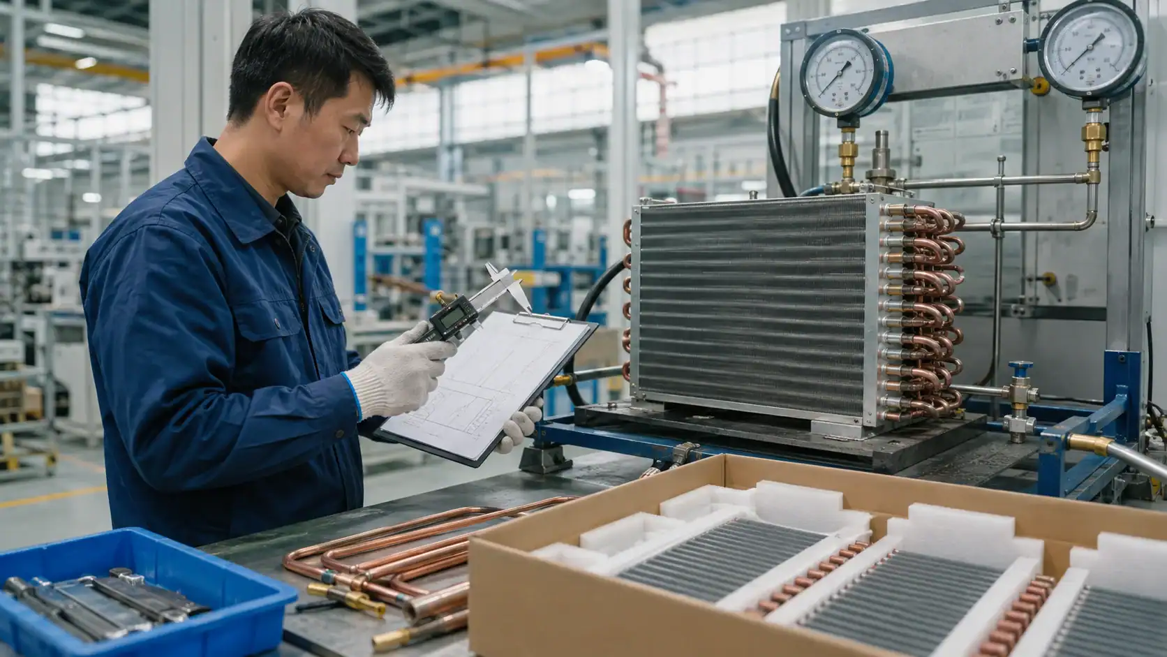 Evaporative condenser RFQ dimensional and quality inspection Technician inspecting industrial HVAC system with gauges and tools at Domi Refrigeration.