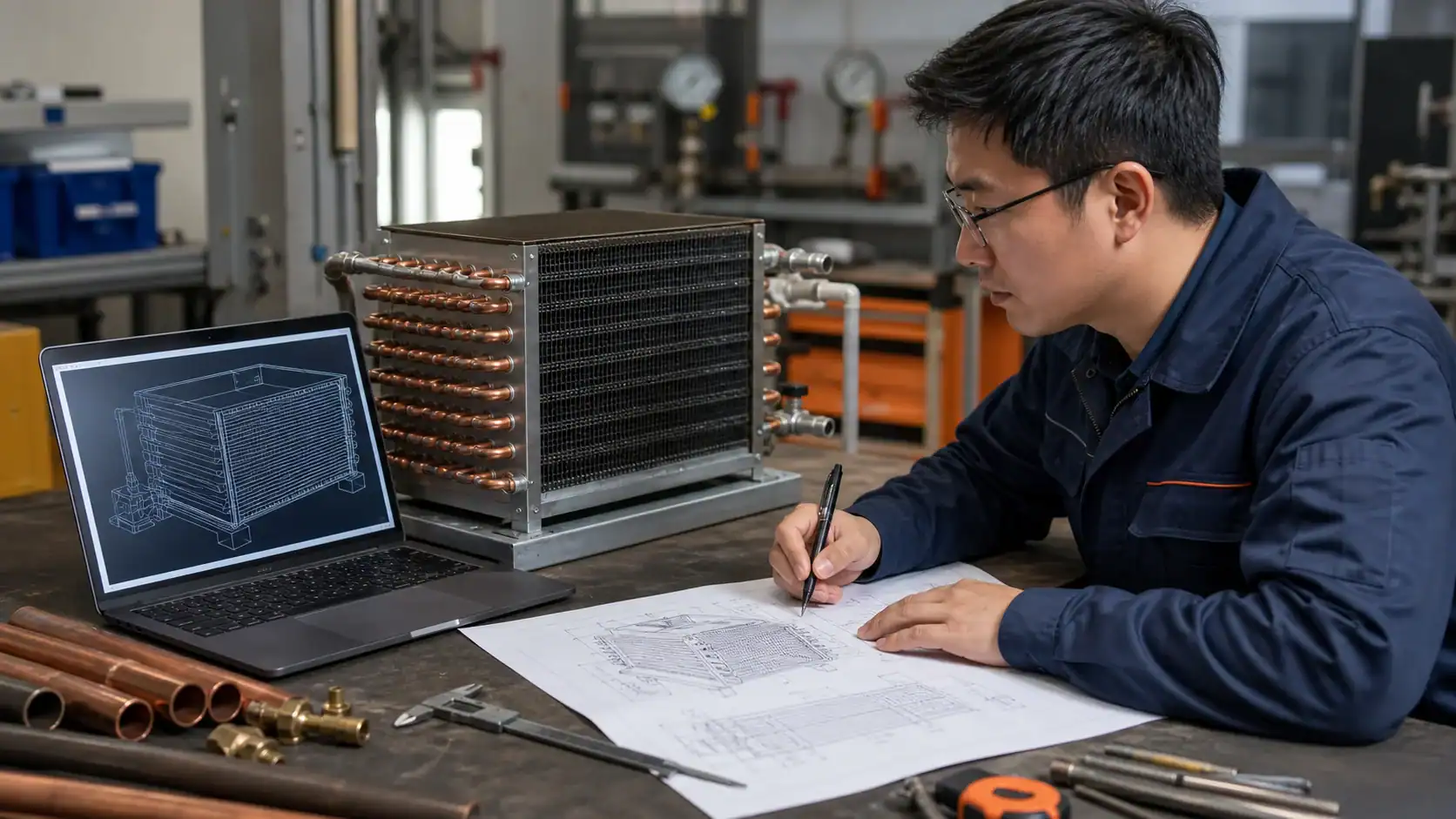 Evaporative condenser sizing and RFQ engineering review Refrigeration technician analyzing technical drawings and equipment.
