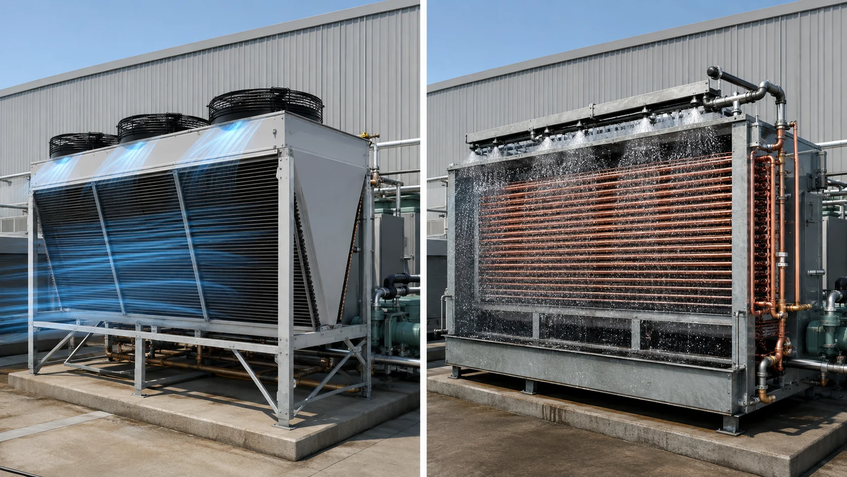 Evaporative condenser versus air-cooled condenser Side-by-side evaporative condenser with water spray and dry finned air-cooled condenser
