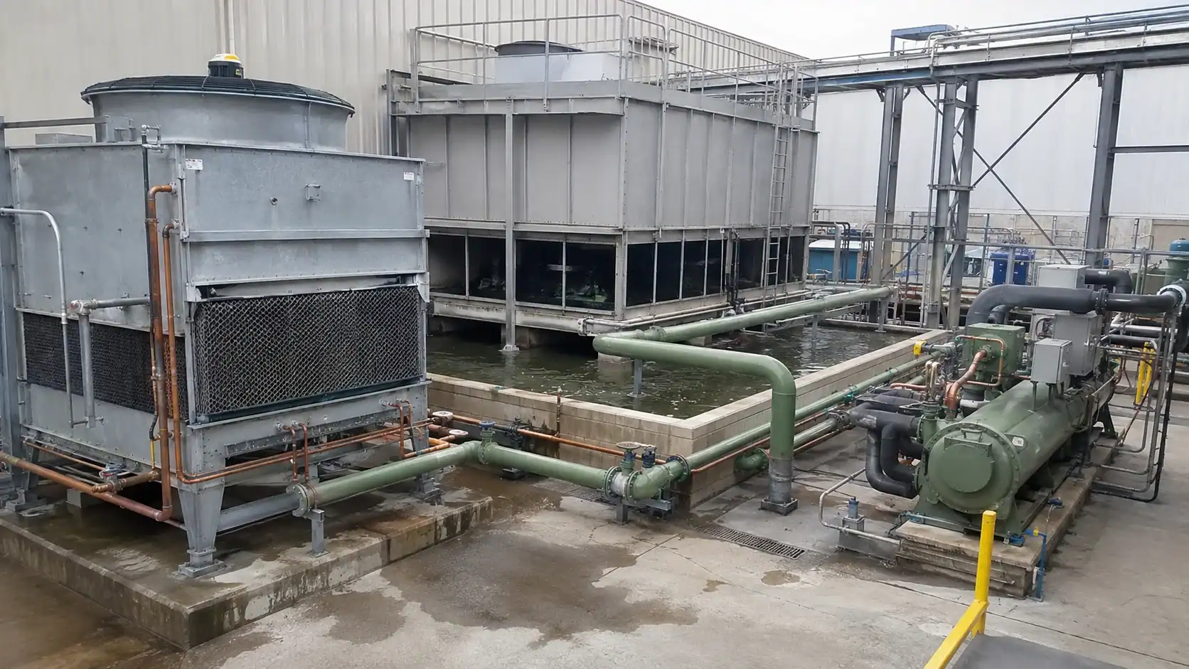 Evaporative condenser versus cooling tower system boundary Industrial refrigeration units and piping system at Domi Refrigeration facility.