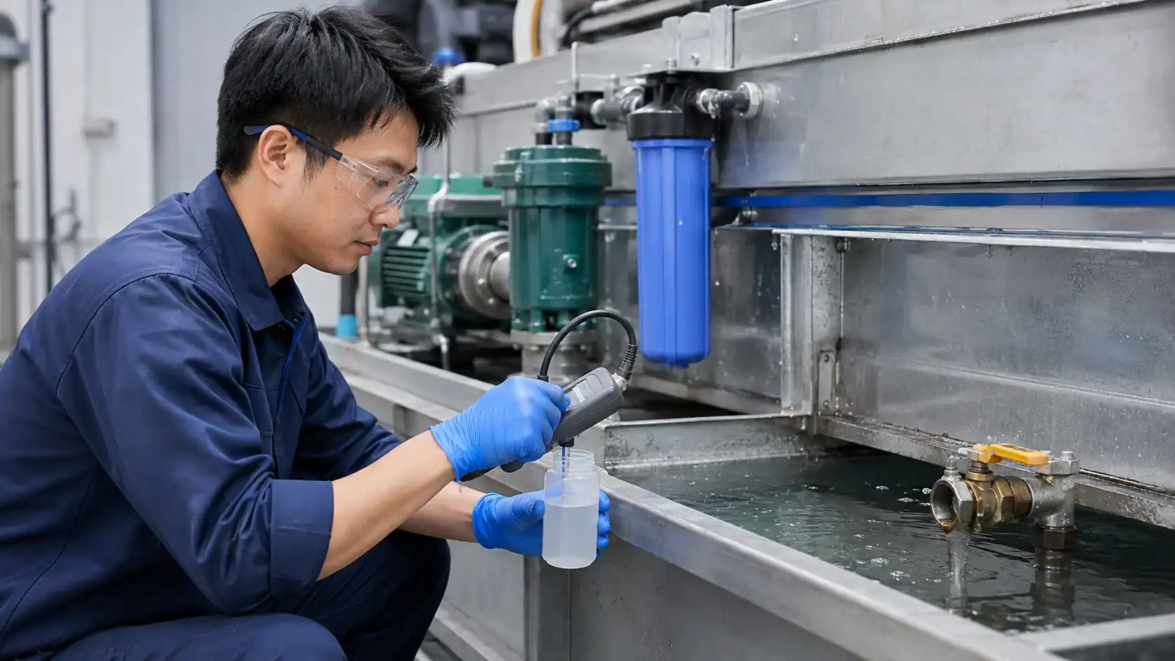 Evaporative condenser water treatment inspection Technician inspecting industrial refrigeration equipment at Domi Refrigeration.