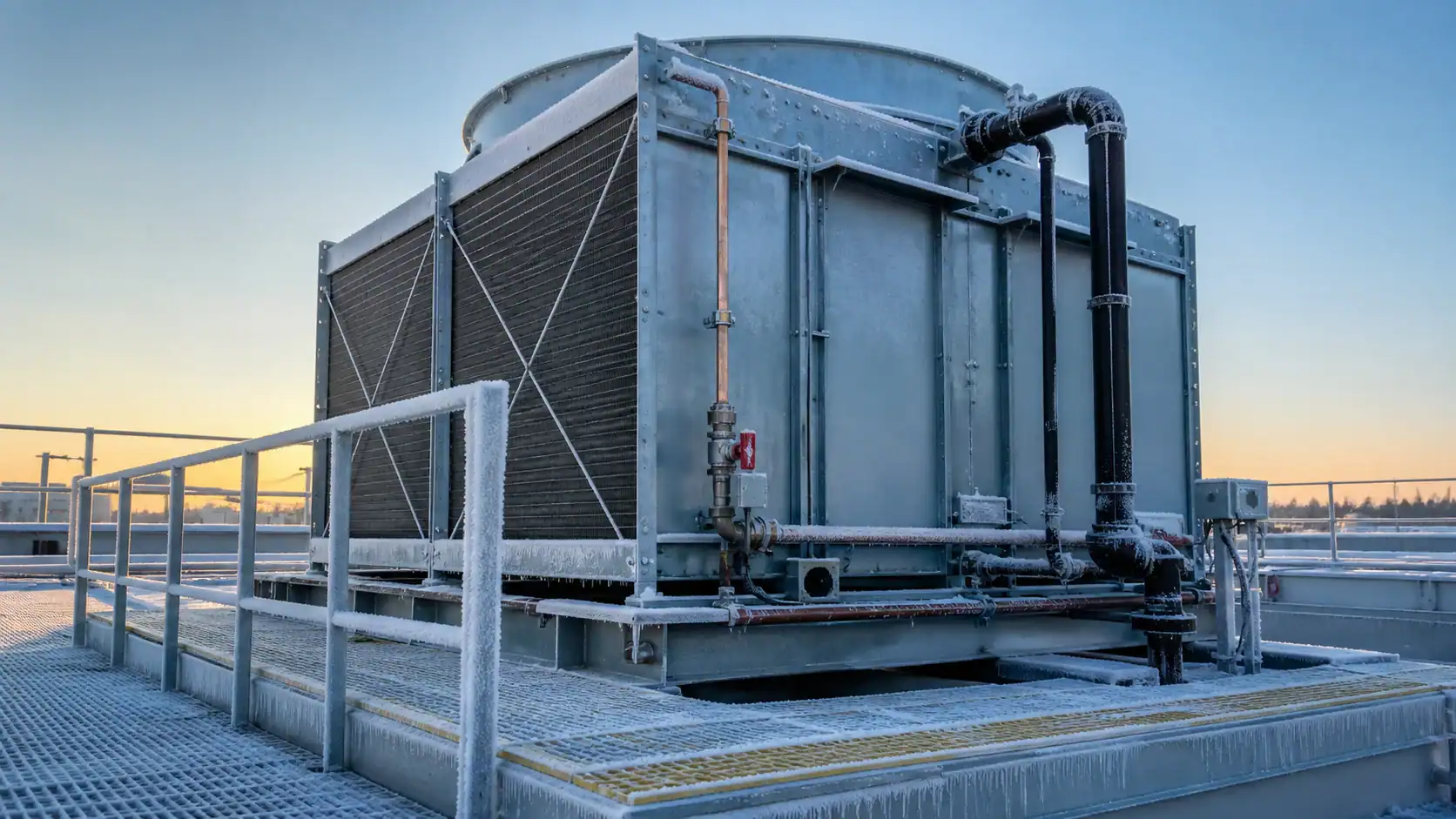 Evaporative condenser winterization and freeze protection Large industrial refrigeration unit on rooftop with piping and safety railing.