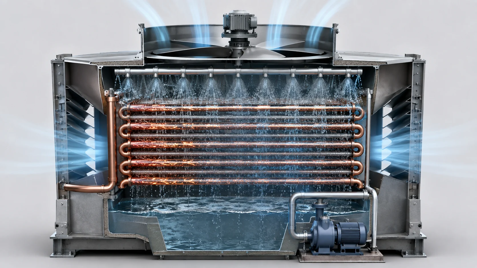 Evaporative condenser working principle and heat-rejection path Technical cutaway showing hot refrigerant vapor in a bare tube coil, spray water, airflow, sump and recirculation pump