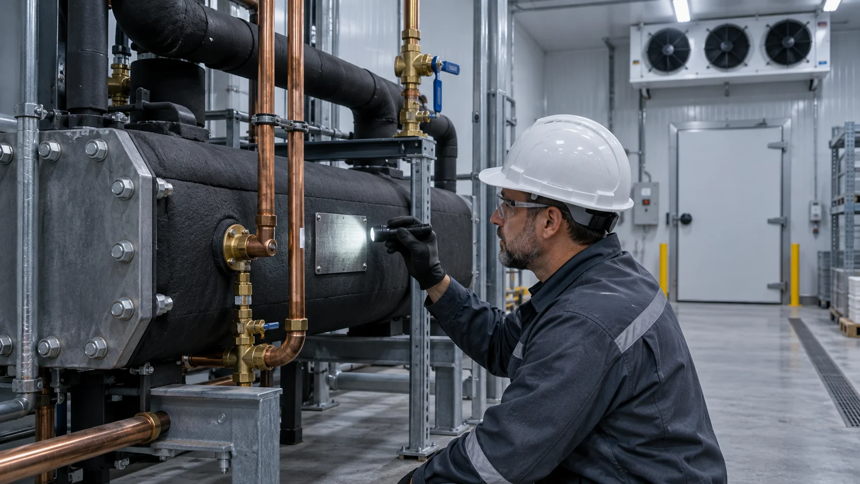 Engineer inspecting a heat exchanger nameplate in a cold-storage mechanical room