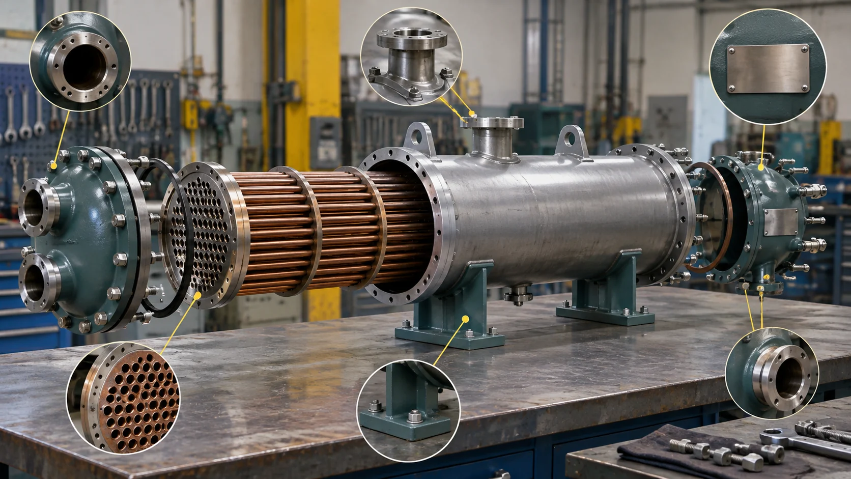 Heat exchanger nameplate, shell, ports and service components shown for identification