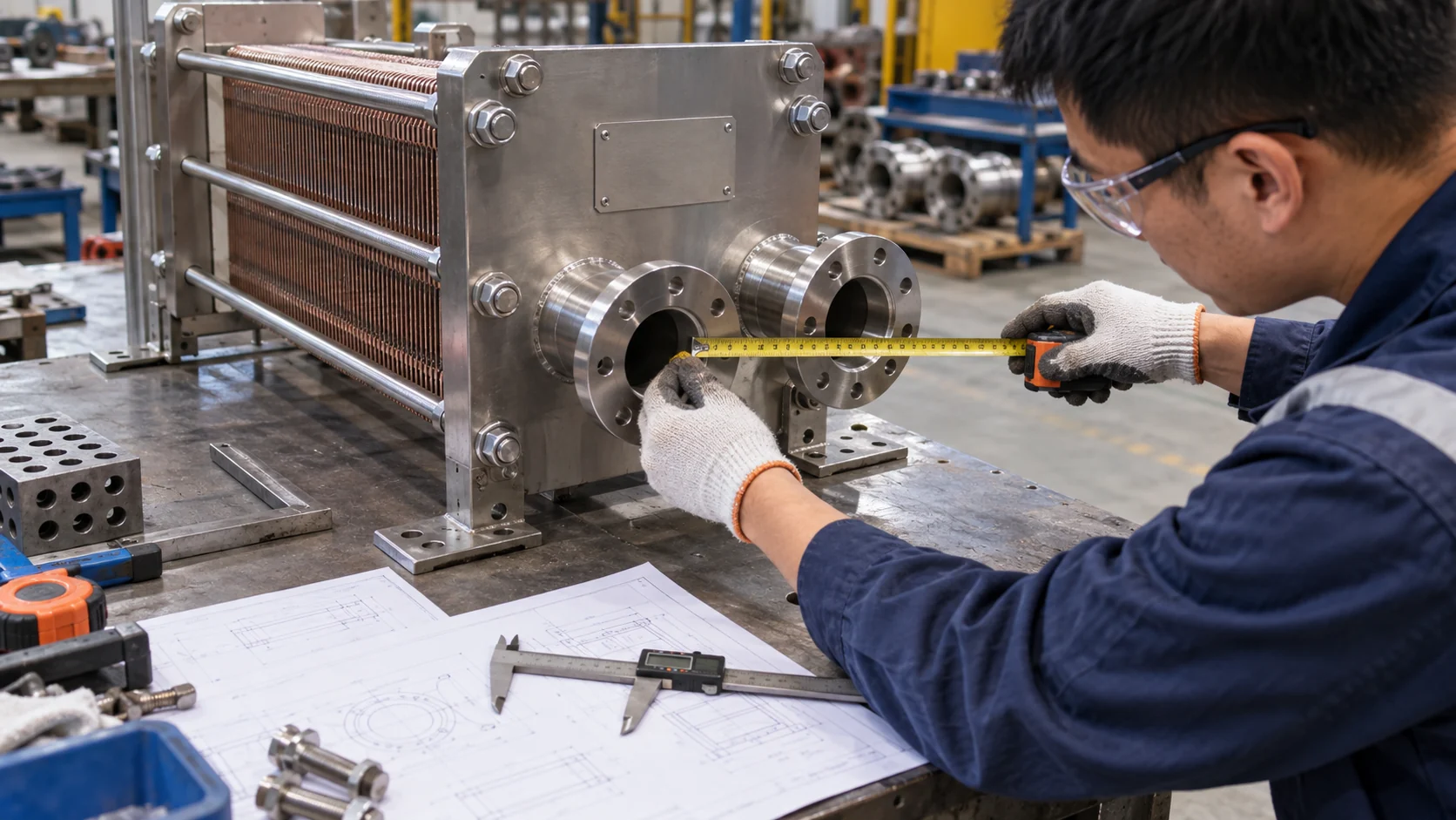 Engineer measuring heat exchanger dimensions, port centerlines and mounting clearances with a caliper and tape