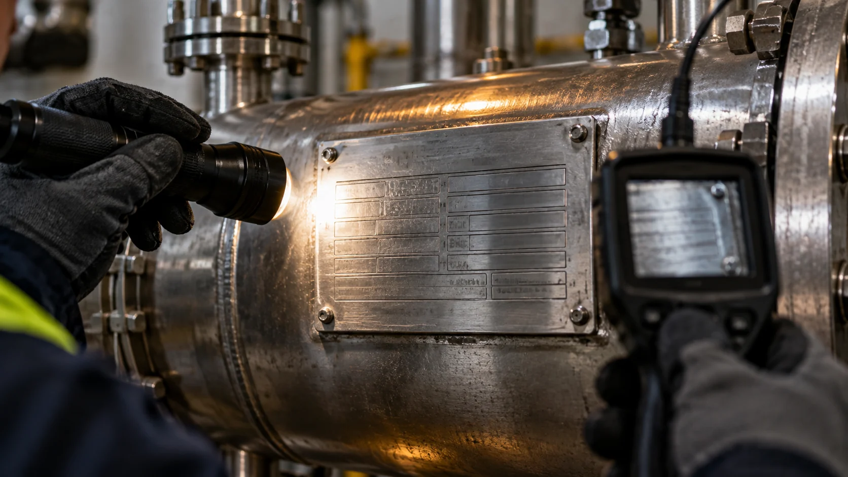 Close view of generic heat exchanger nameplate fields being photographed and transcribed