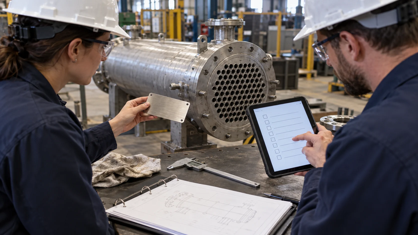 Two engineers comparing a replacement heat exchanger, nameplate and approval checklist in a fabrication area