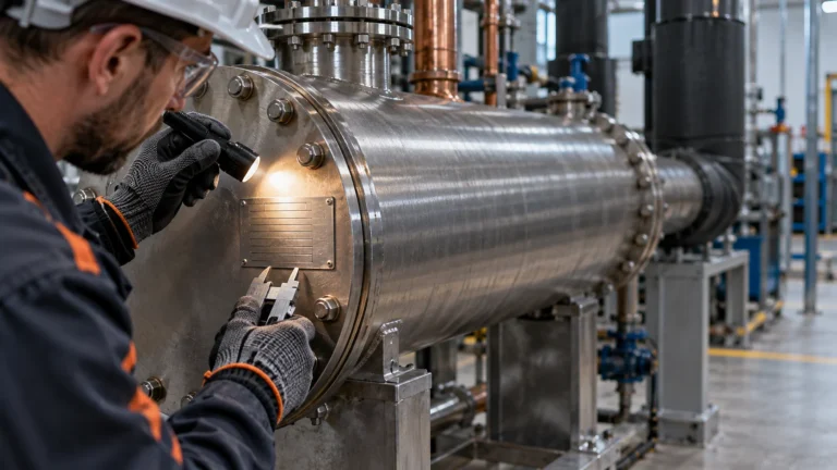 Engineer photographing a heat exchanger nameplate in a refrigeration mechanical room