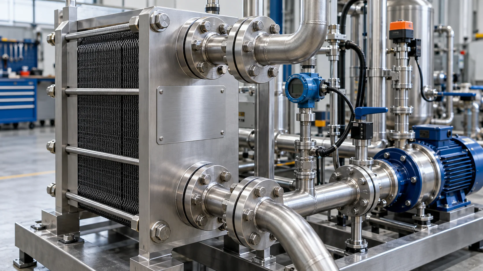 Plate heat exchanger with gasketed plate pack, frame and connection labels for identification