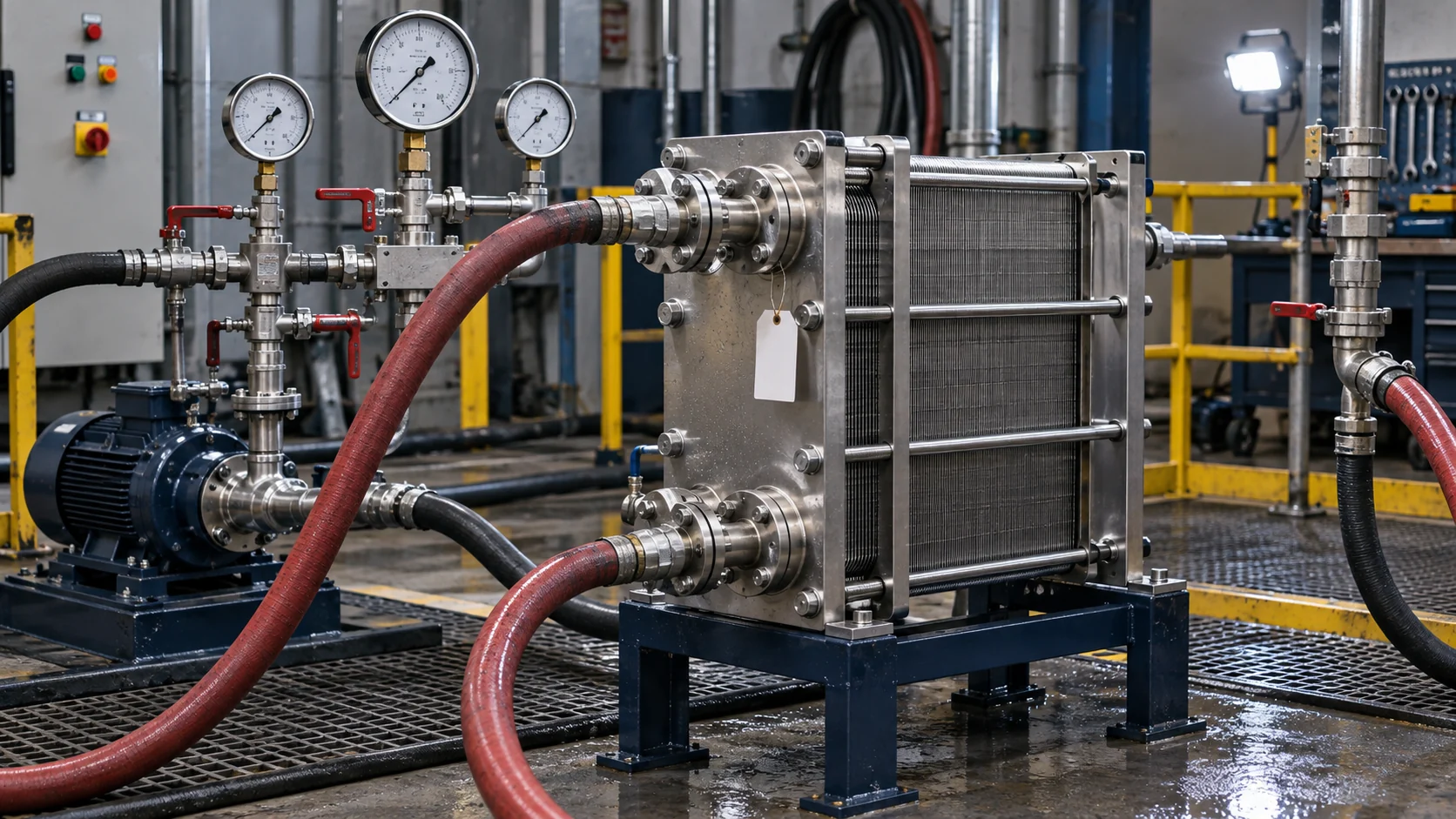 Technician preparing a controlled heat exchanger pressure test with gauges and a blank inspection tag