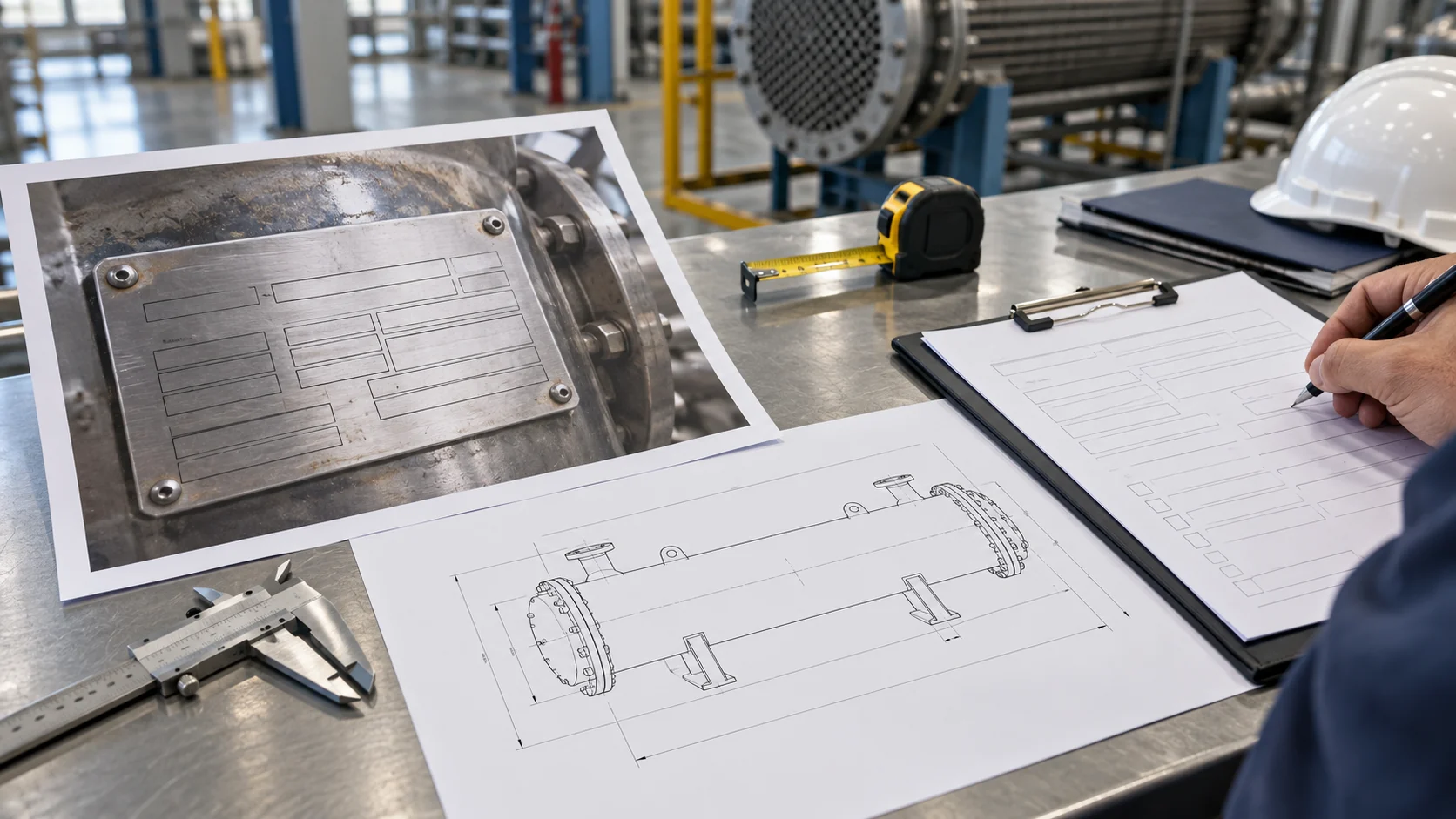 B2B RFQ desk with heat exchanger nameplate photo, blank drawing, caliper and specification checklist