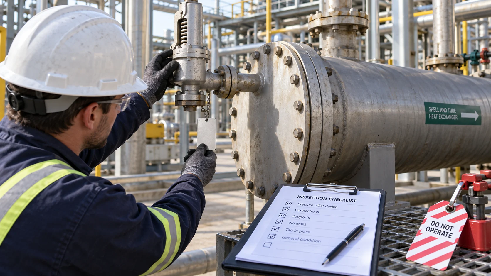 Technician checking a pressure relief connection and blank equipment tag beside a heat exchanger