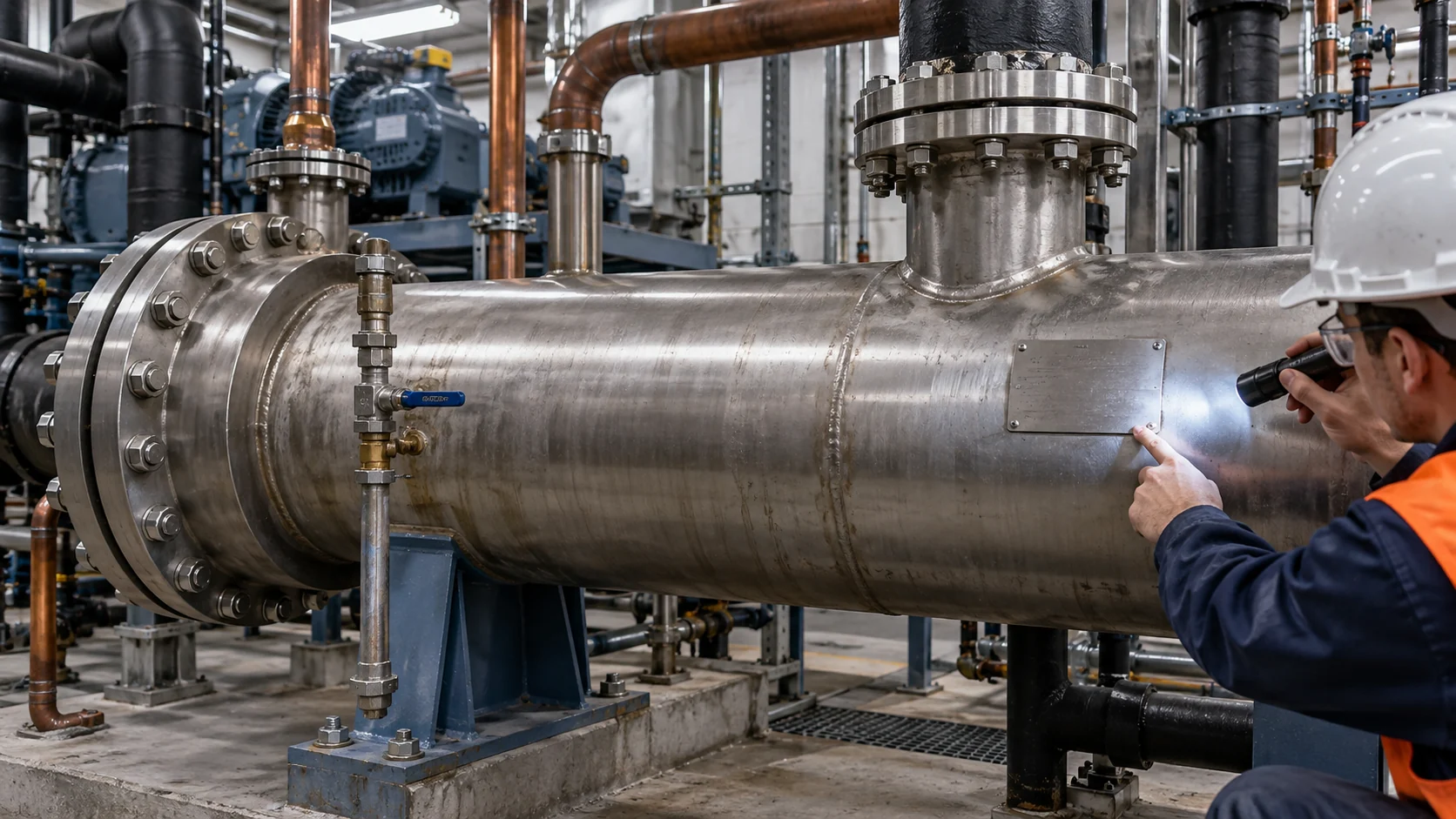 Shell-and-tube heat exchanger with nameplate location, shell, channel and tube-side connections